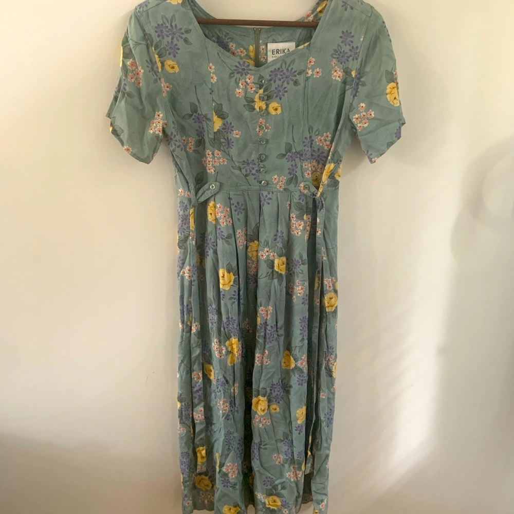 Vintage Floral Women's Dress Petite Medium Tie Back 100%Rayon Erika Collection